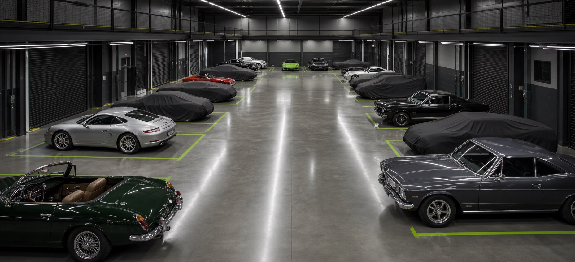 Area penyimpanan indoor Bristol Car Storage dengan bay kendaraan yang luas dan tertata
